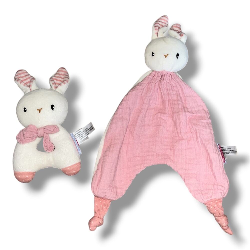 Cuddle Corner Organic Cotton Bunny Lovey & Rattle Set – Pink/White